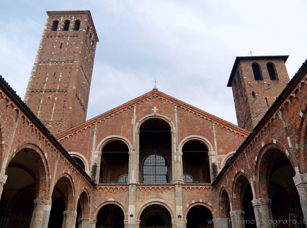 Milan (Italy) - Facade and bell towers of the Basilica of Sant Ambrogio